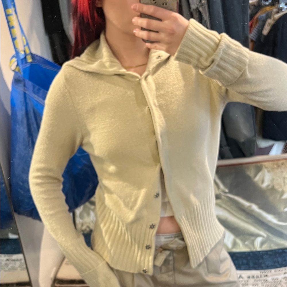 Y2K vintage Jacob Cream Ribbed funnel snap button Cardigan LONG arms